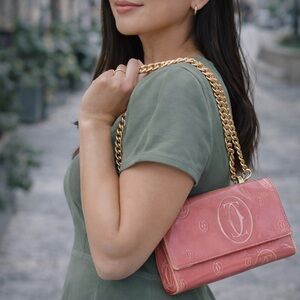 Authentic Cartier Monogram Patent Leather Wallet On Chain Pink Clutch Crossbody